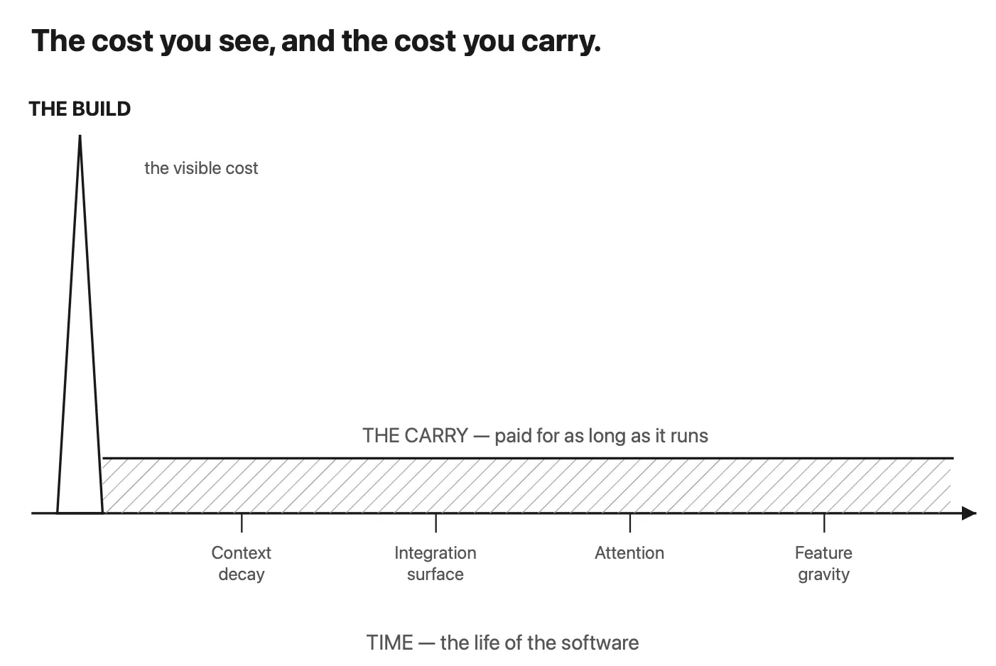 Chart showing a one-time build cost spike followed by an ongoing carry cost that lasts the life of the software