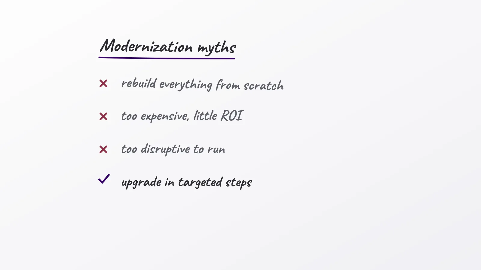 Hand-drawn whiteboard sketch: Modernization myths; rebuild everything from scratch; too expensive, little ROI; too disruptive to run; upgrade in targeted steps